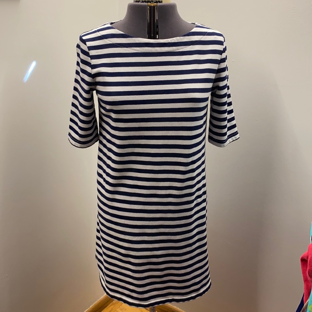 Navy and White Striped Short Sleeve Boat Neck Dress
